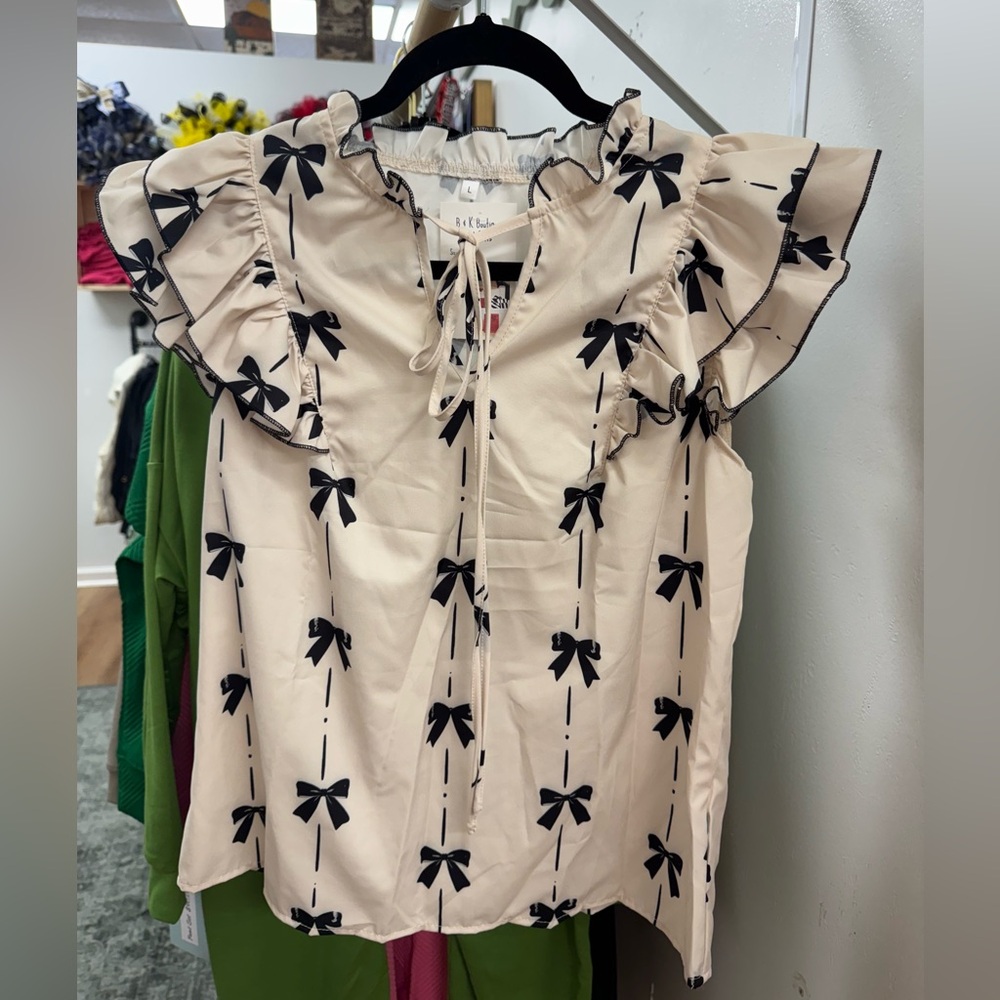 Beige Blouse with Black Bow Print
